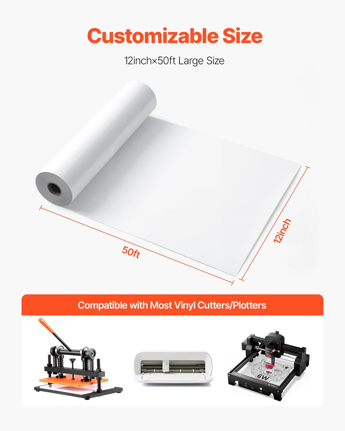 Heat Transfer Vinyl, 12 in x 50 ft, Glossy White HTV Iron on Vinyl Roll, Easy to Cut and Weed, Strong Adhesion, Compatible with Cutting Machines, for Various Materials, T-shirts, Pillows, Hats