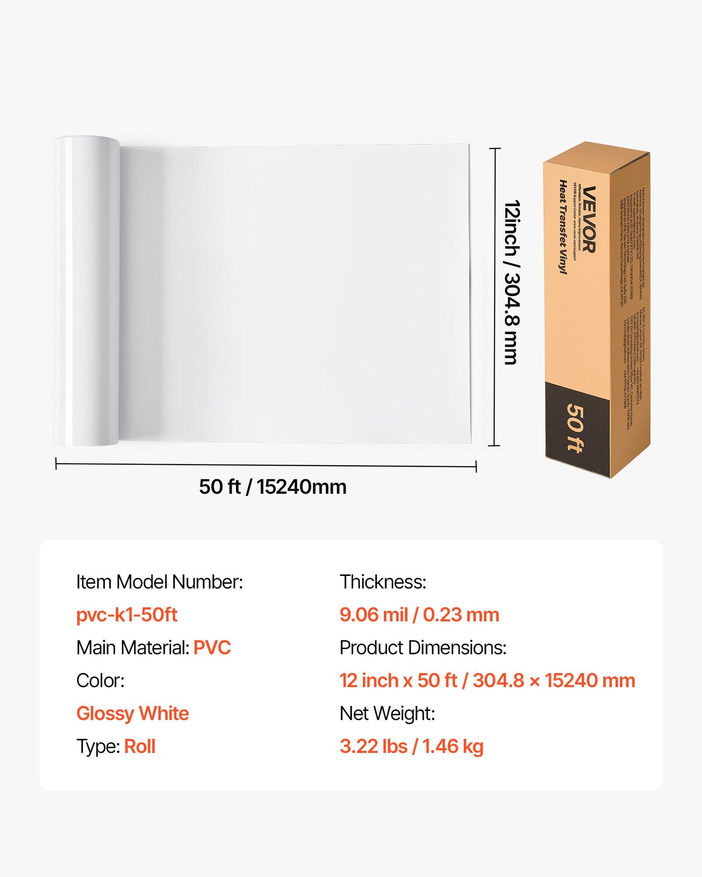 Heat Transfer Vinyl, 12 in x 50 ft, Glossy White HTV Iron on Vinyl Roll, Easy to Cut and Weed, Strong Adhesion, Compatible with Cutting Machines, for Various Materials, T-shirts, Pillows, Hats