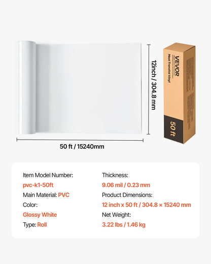 Heat Transfer Vinyl, 12 in x 50 ft, Glossy White HTV Iron on Vinyl Roll, Easy to Cut and Weed, Strong Adhesion, Compatible with Cutting Machines, for Various Materials, T-shirts, Pillows, Hats