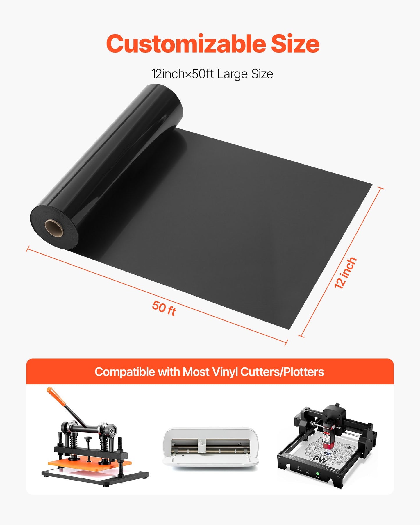 Heat Transfer Vinyl, 12 in x 50 ft, Glossy Black HTV Iron on Vinyl Roll, Easy to Cut and Weed, Strong Adhesion, Compatible with Cutting Machines, for Various Materials, T-shirts, Pillows, Hats