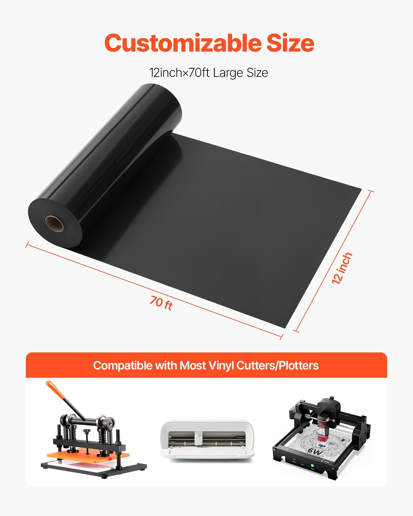 Heat Transfer Vinyl, 12 in x 70 ft, Glossy Black HTV Iron on Vinyl Roll, Easy to Cut and Weed, Strong Adhesion, Compatible with Cutting Machines, for Various Materials, T-shirts, Pillows, Hats