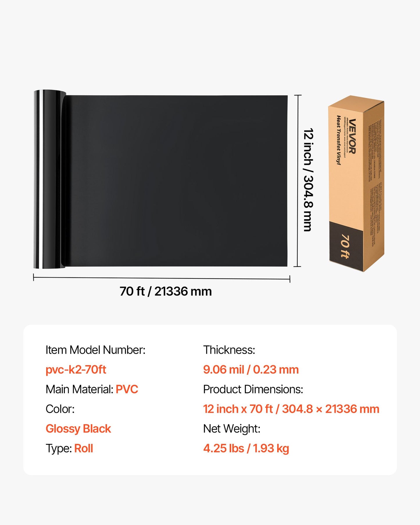 Heat Transfer Vinyl, 12 in x 70 ft, Glossy Black HTV Iron on Vinyl Roll, Easy to Cut and Weed, Strong Adhesion, Compatible with Cutting Machines, for Various Materials, T-shirts, Pillows, Hats