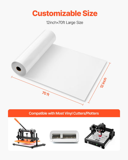 Heat Transfer Vinyl, 12 in x 70 ft, Glossy White HTV Iron on Vinyl Roll, Easy to Cut and Weed, Strong Adhesion, Compatible with Cutting Machines, for Various Materials, T-shirts, Pillows, Hats