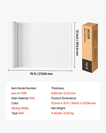 Heat Transfer Vinyl, 12 in x 70 ft, Glossy White HTV Iron on Vinyl Roll, Easy to Cut and Weed, Strong Adhesion, Compatible with Cutting Machines, for Various Materials, T-shirts, Pillows, Hats
