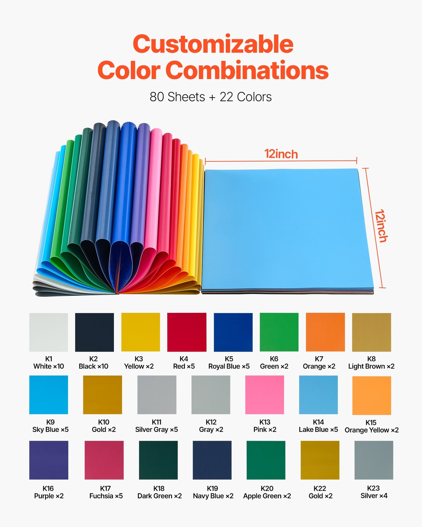 Heat Transfer Vinyl, 80 Pack, 12 x 12 in, Assorted Colors HTV Iron on Vinyl Bundle, Easy to Cut and Weed, with Accessories, Compatible with Cutting Machines, for Various Materials, T-shirts