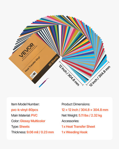 Heat Transfer Vinyl, 80 Pack, 12 x 12 in, Assorted Colors HTV Iron on Vinyl Bundle, Easy to Cut and Weed, with Accessories, Compatible with Cutting Machines, for Various Materials, T-shirts