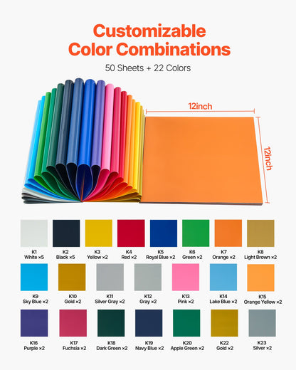 Heat Transfer Vinyl, 50 Pack, 12 x 12 in, Assorted Colors HTV Iron on Vinyl Bundle, Easy to Cut and Weed, with Accessories, Compatible with Cutting Machines, for Various Materials, T-shirts