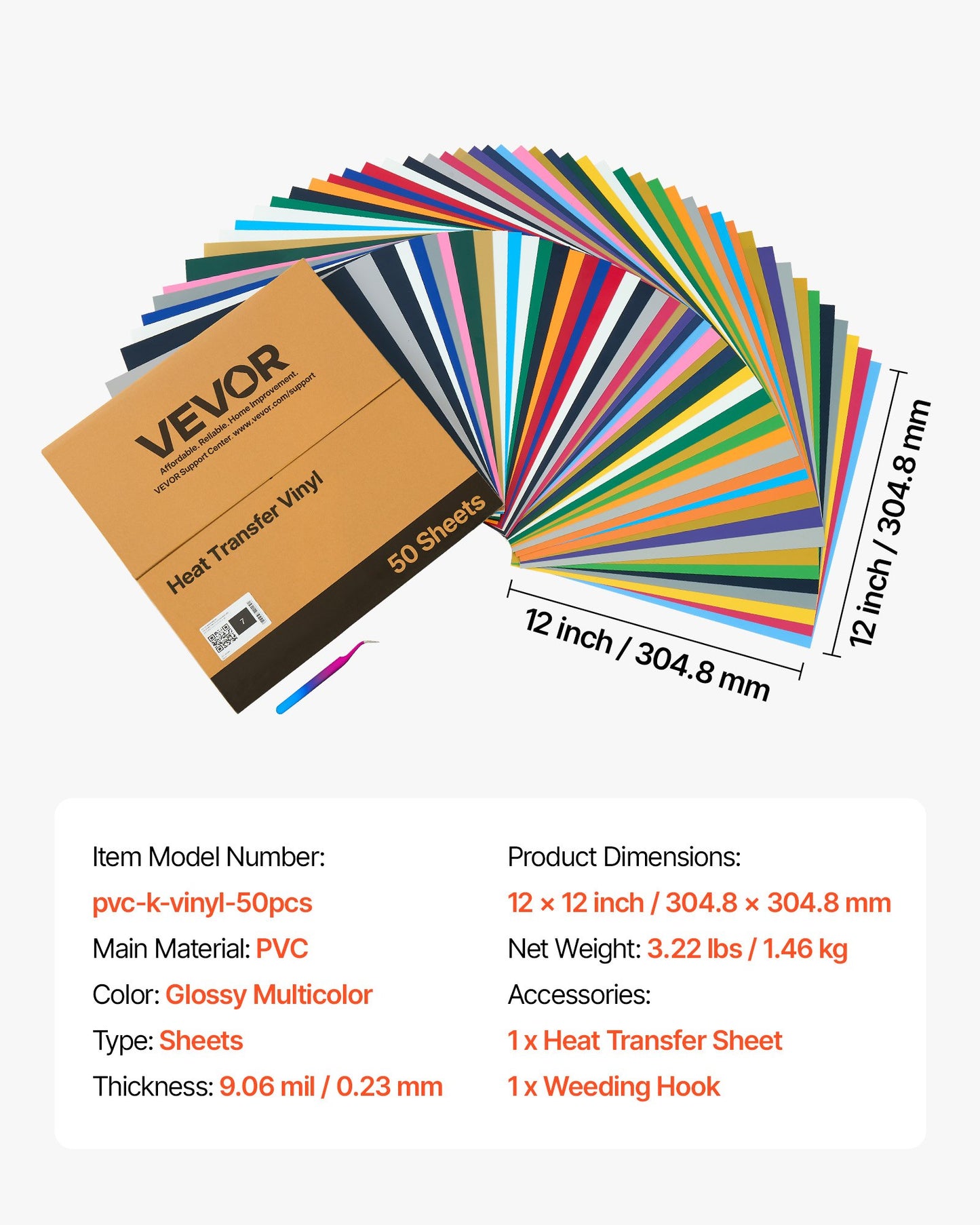 Heat Transfer Vinyl, 50 Pack, 12 x 12 in, Assorted Colors HTV Iron on Vinyl Bundle, Easy to Cut and Weed, with Accessories, Compatible with Cutting Machines, for Various Materials, T-shirts