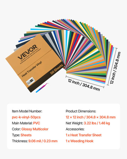 Heat Transfer Vinyl, 50 Pack, 12 x 12 in, Assorted Colors HTV Iron on Vinyl Bundle, Easy to Cut and Weed, with Accessories, Compatible with Cutting Machines, for Various Materials, T-shirts