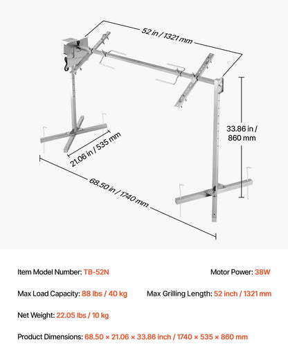 Rotisserie Grill, AC120V 8 Level Height Electric Rotisserie Grill Kit, BBQ Grills Rotisseries Kit with 88 lbs Load Capacity, 38W Motor, Stainless Steel Automatic Grilling Kits for Parties