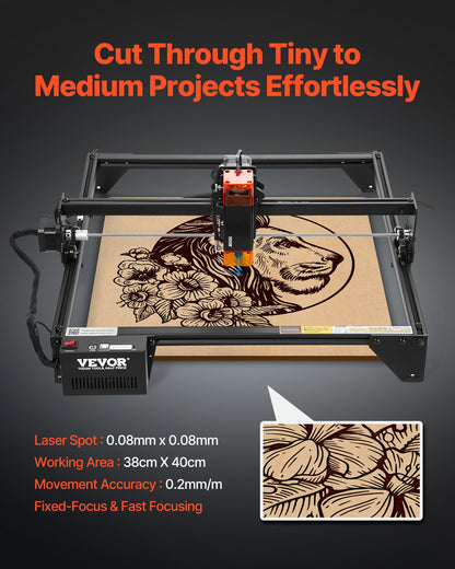 Laser Engraver, 10W Output, Laser Engraving Cutter Machine, 14.9 x 15.7 in/38 x 40 cm Working Area, 10000 mm/min Movement Speed, Compressed Spot with Eye Protection, for Wood, Certain Metal