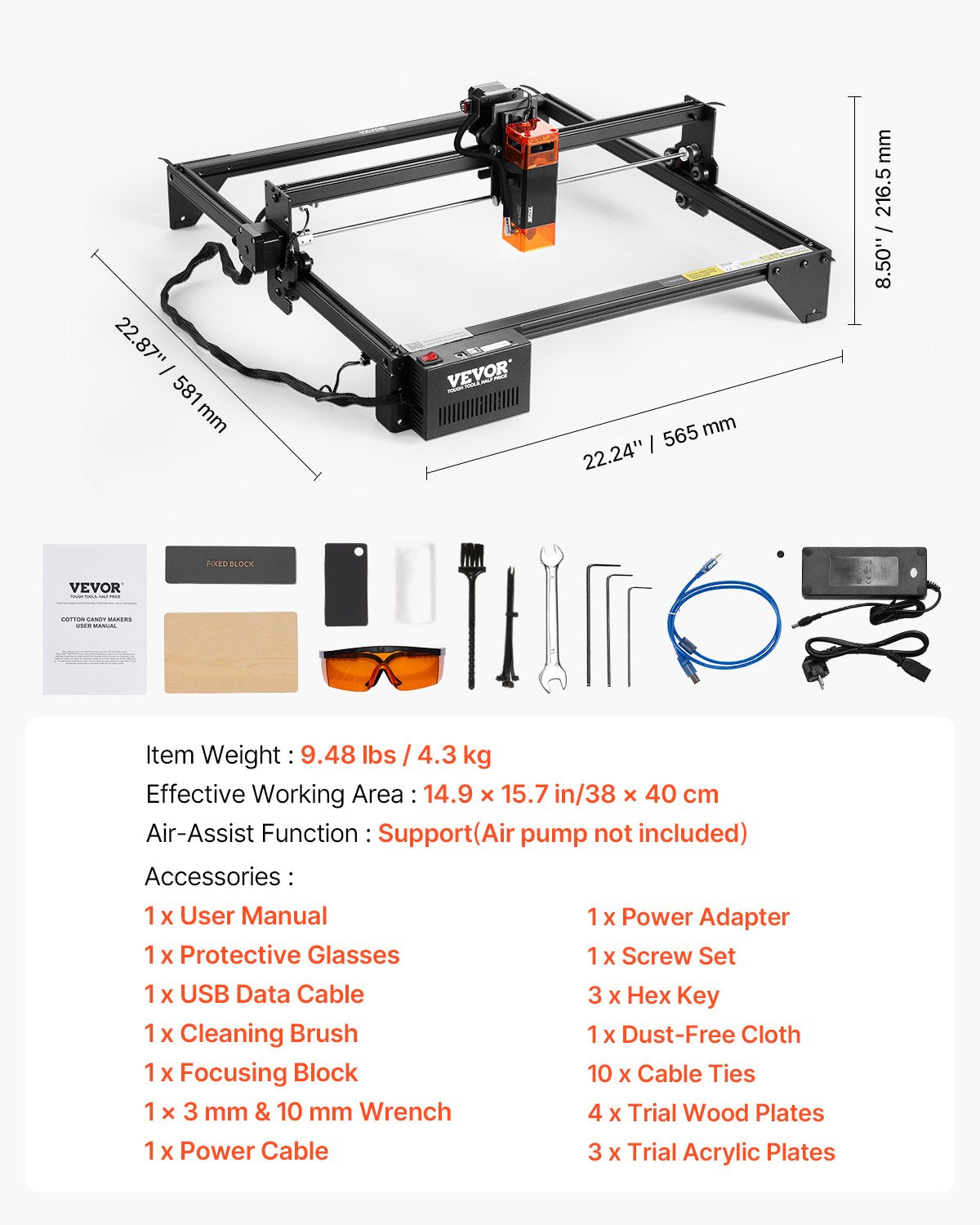 Laser Engraver, 5W Output, Laser Engraving Cutter Machine, 14.9 x 15.7 in/38 x 40 cm Working Area, 10000 mm/min Movement Speed, Compressed Spot with Eye Protection, for Wood, Certain Metal