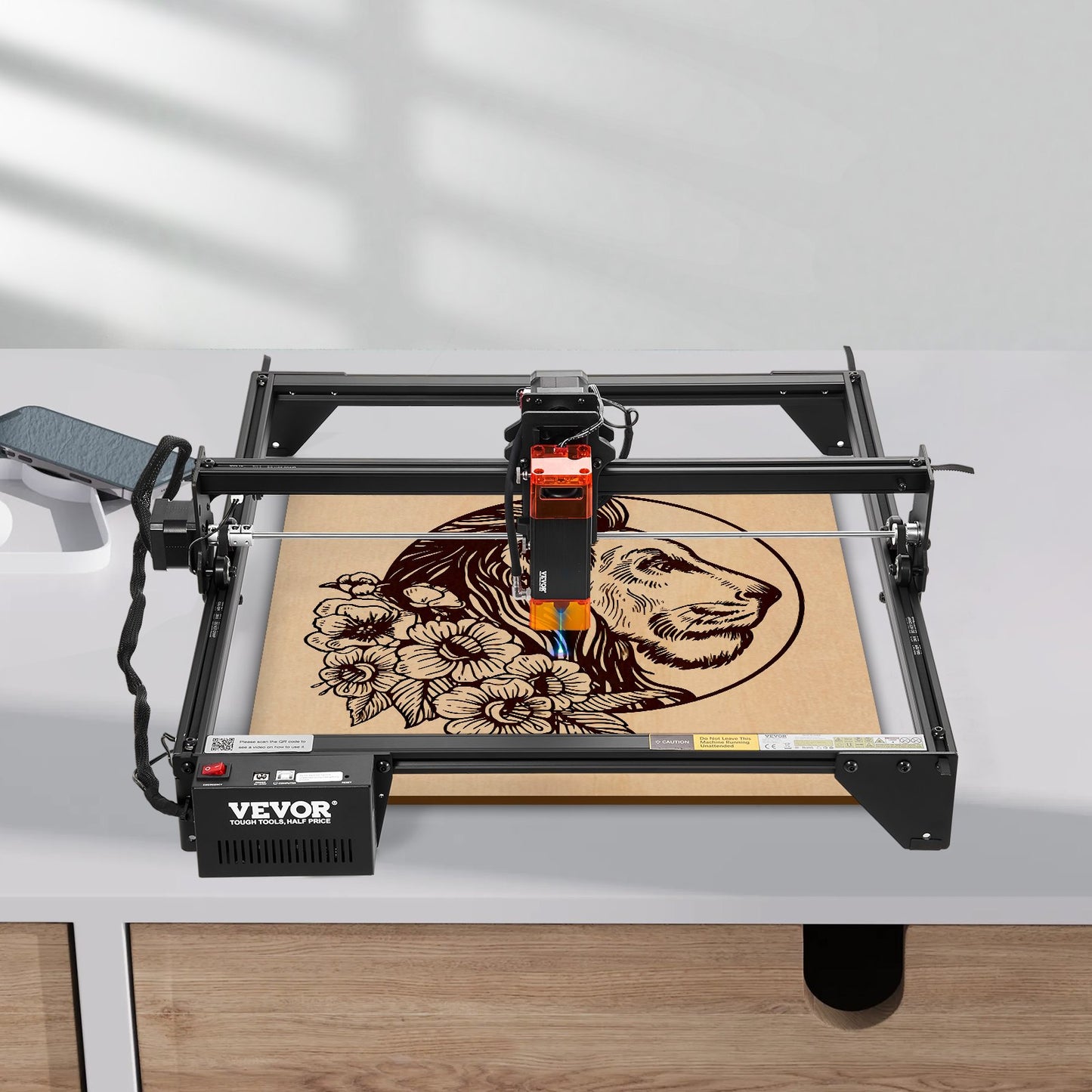 Laser Engraver, 5W Output, Laser Engraving Cutter Machine, 14.9 x 15.7 in/38 x 40 cm Working Area, 10000 mm/min Movement Speed, Compressed Spot with Eye Protection, for Wood, Certain Metal