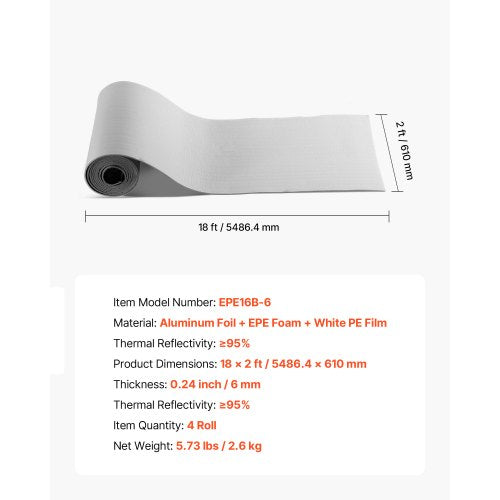 Reflekterande Isoleringsrulle, Värmeisoleringskit för Garageportar för 2 Bilar, 6 mm 5,49 m x 0,61 m, 4 Rullar Aluminiumfolie EPE Skumkärna Strålningsbarriär, Vit PE-Film Värmesköld för Garageportar |  EU