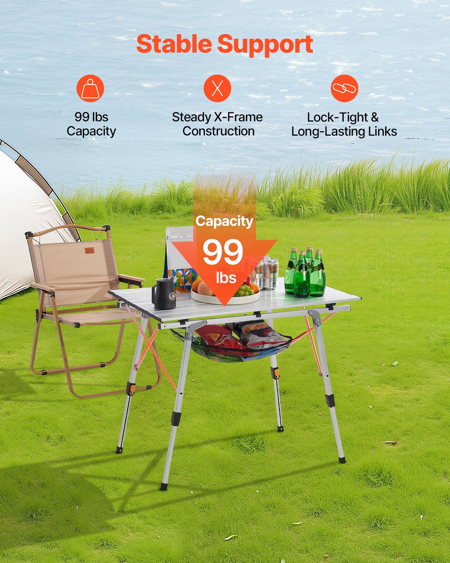 Folding Camping Table, Portable Roll Up Side Tables, Lightweight Aluminum Beach Table with Adjustable Height, Top Mesh Layer and Carry Bag, For Outdoor BBQ Tailgating Picnic, Travel, Silver