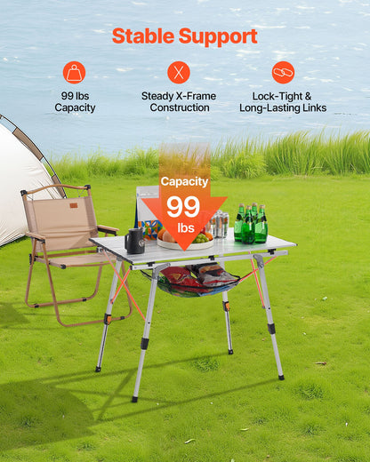 Folding Camping Table, Portable Roll Up Side Tables, Lightweight Aluminum Beach Table with Adjustable Height, Top Mesh Layer and Carry Bag, For Outdoor BBQ Tailgating Picnic, Travel, Silver