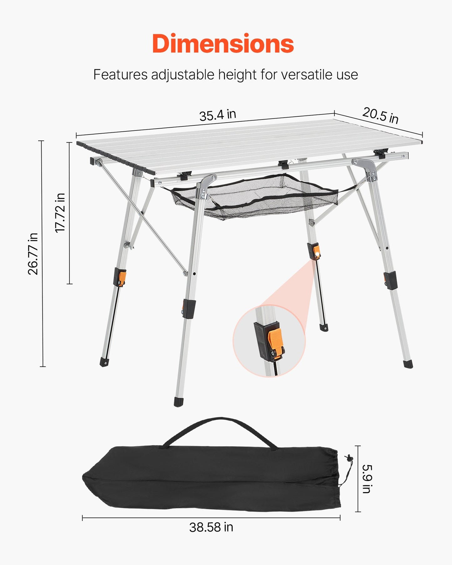 Folding Camping Table, Portable Roll Up Side Tables, Lightweight Aluminum Beach Table with Adjustable Height, Top Mesh Layer and Carry Bag, For Outdoor BBQ Tailgating Picnic, Travel, Silver