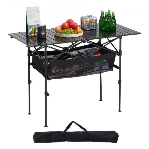 Folding Camping Table, Portable Roll Up Side Tables, Lightweight Aluminum Beach Table with Adjustable Height, Large Storage Bag and Carry Bag, For Outdoor BBQ Tailgating Picnic, Travel, Black