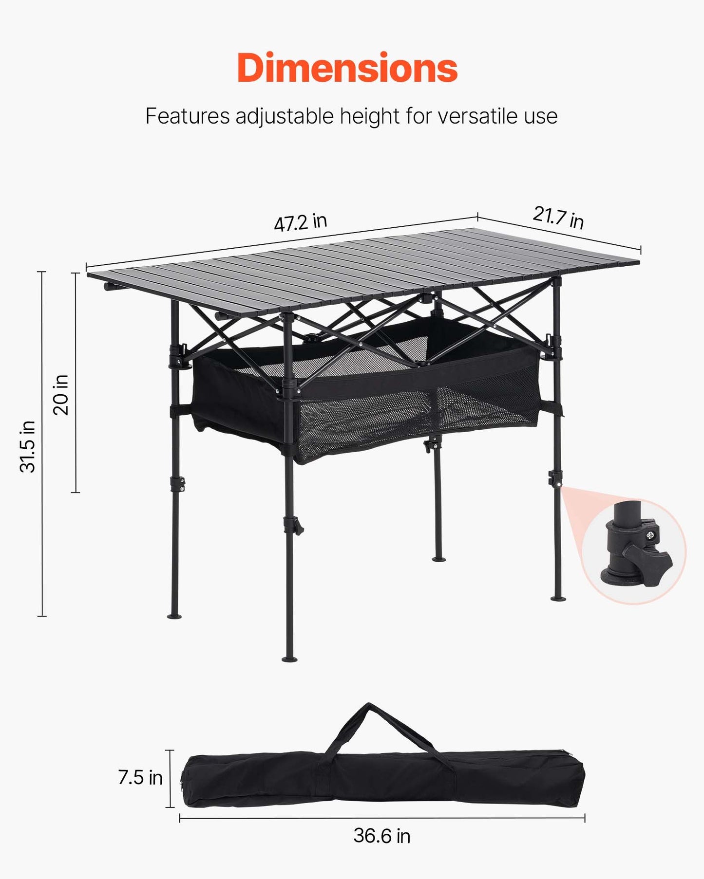 Folding Camping Table, Portable Roll Up Side Tables, Lightweight Aluminum Beach Table with Adjustable Height, Large Storage Bag and Carry Bag, For Outdoor BBQ Tailgating Picnic, Travel, Black