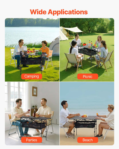 Folding Camping Table, Portable Roll Up Side Tables, Lightweight Aluminum Beach Table with Adjustable Height, Large Storage Bag and Carry Bag, For Outdoor BBQ Tailgating Picnic, Travel, Black