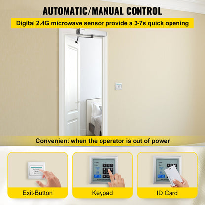 Automatic Door Opener, 100-240V for Max.220lbs Doors, Swing Door Operator for Disabilities with 2 Wireless Remotes, Keypad, 2 Exit Buttons, 5 ID Cards, 2 Stainless Steel Push Buttons, CE Listed