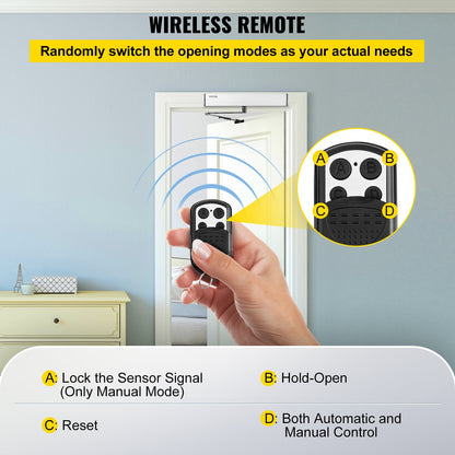 Automatic Door Opener, 100-240V for Max.220lbs Doors, Swing Door Operator for Disabilities with 2 Wireless Remotes, Keypad, 2 Exit Buttons, 5 ID Cards, 2 Stainless Steel Push Buttons, CE Listed