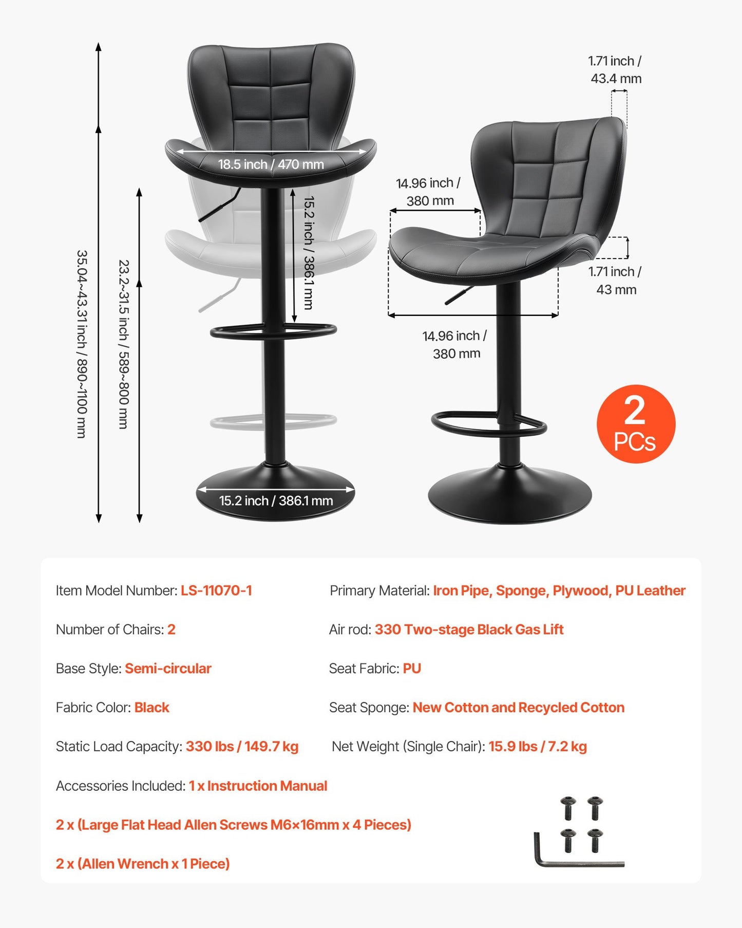 Bar Stool Set of 2, Modern PU Leather Counter Height Stools, Swivel Kitchen Barstool with Back and Footrest, Height Adjustable Armless Bar Chair, Island Barstools for Kitchen, Dining Room, Black