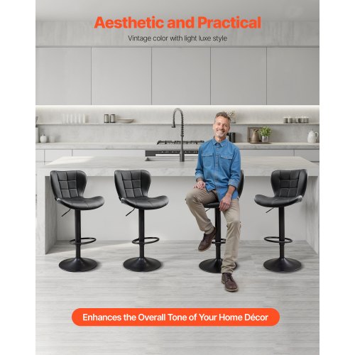Barstolsset med 4, Moderna PU-läderpallar med bänkhöjd, Vridbar köksstol med ryggstöd och fotstöd, Höjdjusterbar armstödslös barstol, Barstolar med ö för kök, matsal, Svart |  EU