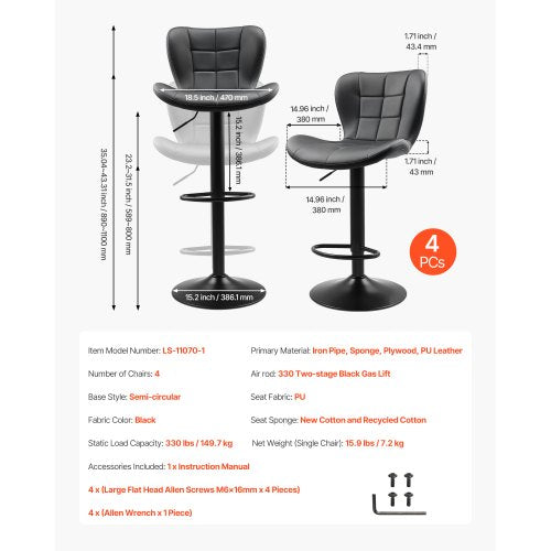 Barstolsset med 4, Moderna PU-läderpallar med bänkhöjd, Vridbar köksstol med ryggstöd och fotstöd, Höjdjusterbar armstödslös barstol, Barstolar med ö för kök, matsal, Svart |  EU