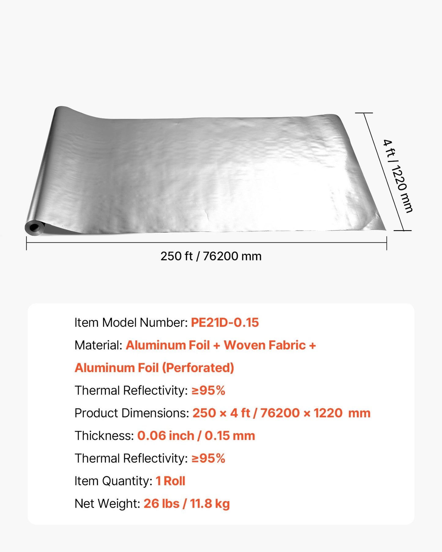 Double Reflective Insulation Roll, Perforated Woven Fabric Radiant Barrier, 0.15mm 48 in x 250 ft, Double-Sided Aluminum Foil Heat Reflective Shield, Thermal Insulation Roll for Window RV Roof