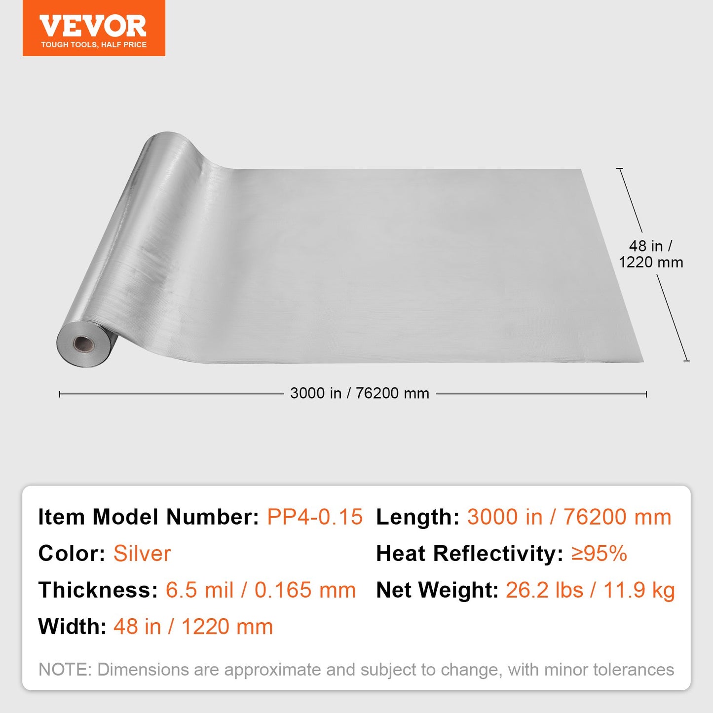 Double Reflective Insulation Roll, Woven Fabric Radiant Barrier, 6.5 Mil 48 in x 250 ft, Aluminum Foil PE Woven Cloth Heat Reflective Shield, Thermal Insulation Roll for Window RV Roof