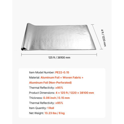Dubbelreflekterande isoleringsrulle, operforerad vävd strålningsbarriär, 0,15 mm 38,1 m x 1,22 m, Dubbelsidig aluminiumfolie värmereflekterande sköld, Värmeisoleringsrulle för fönstertak |  EU