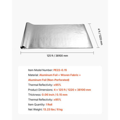 Dubbelreflekterande isoleringsrulle, operforerad vävd strålningsbarriär, 0,15 mm 38,1 m x 1,22 m, Dubbelsidig aluminiumfolie värmereflekterande sköld, Värmeisoleringsrulle för fönstertak |  EU