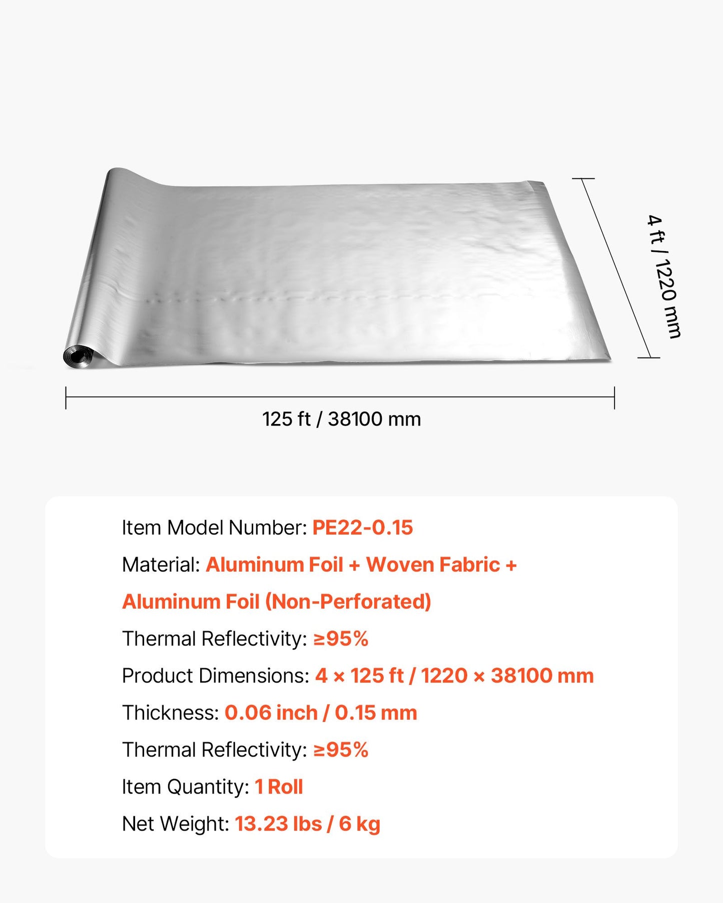 Double Reflective Insulation Roll, Non-Perforated Woven Fabric Radiant Barrier, 0.15mm 48 in x 125 ft, Double-Sided Aluminum Foil Heat Reflective Shield, Thermal Insulation Roll for Window Roofs