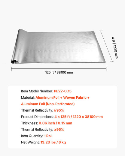 Double Reflective Insulation Roll, Non-Perforated Woven Fabric Radiant Barrier, 0.15mm 48 in x 125 ft, Double-Sided Aluminum Foil Heat Reflective Shield, Thermal Insulation Roll for Window Roofs