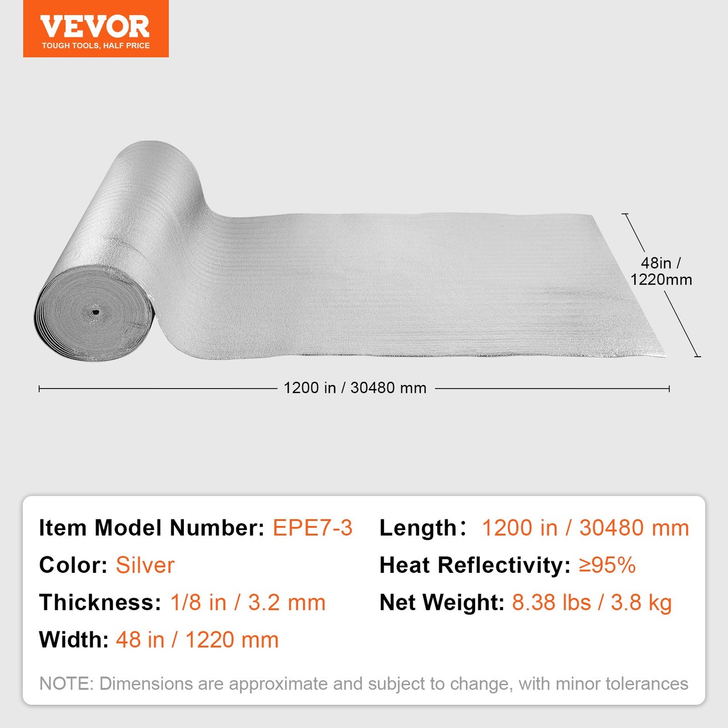 Double Reflective Insulation Roll, Foam Core Radiant Barrier, 3.2 mm 48 in x 100 ft, Double-Sided Aluminum Foil EPE Foam Heat Reflective Shield, Thermal Insulation Roll for Window RV Roof