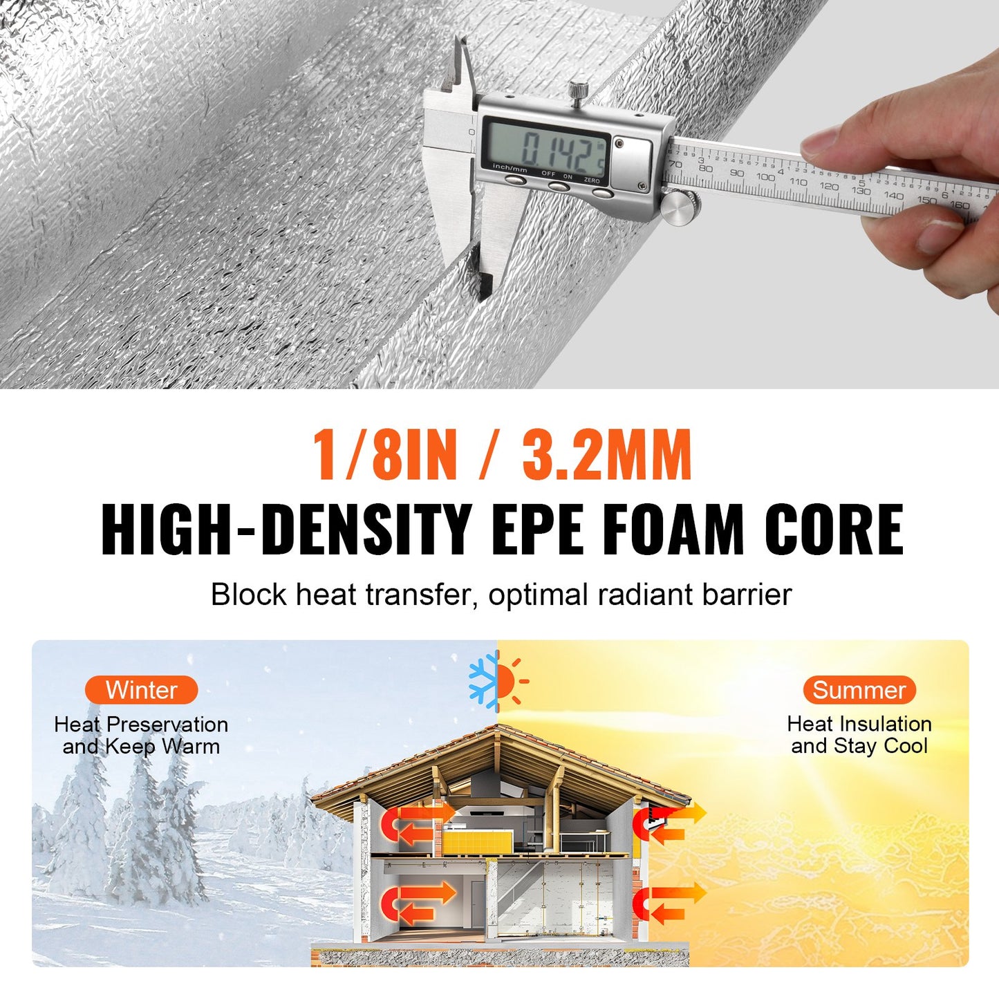 Double Reflective Insulation Roll, Foam Core Radiant Barrier, 3.2 mm 48 in x 25 ft, Double-Sided Aluminum Foil EPE Foam Heat Reflective Shield, Thermal Insulation Roll for Window RV Roof