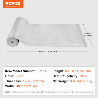 Double Reflective Insulation Roll, Foam Core Radiant Barrier, 3.2 mm 48 in x 50 ft, Double-Sided Aluminum Foil EPE Foam Heat Reflective Shield, Thermal Insulation Roll for Window RV Roof
