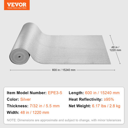 Double Reflective Insulation Roll, Foam Core Radiant Barrier, 5.5mm 48 in x 50 ft, Double-Sided Aluminum Foil EPE Foam Heat Reflective Shield, Thermal Insulation Roll for Window RV Roof