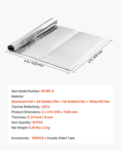 Double Reflective Insulation Sheet, 16PCS Double-Sided Aluminum Foil Radiant Barrier, 6mm 24 in x 4 ft, Dual-Layer Air Bubble Heat Reflective Shield, Thermal Insulation Rolls