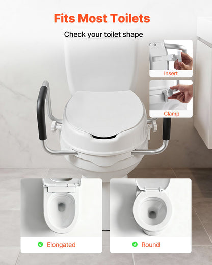Raised Toilet Seat with Arms, 300 lbs Load Capacity, 4-Inch Lift Height, Widened Commode Elevated Toilet Seat Riser with Padded Handles for Seniors, Elderly, Handicap, Disabled, and Adults Use