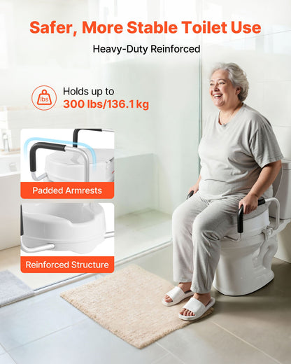 Raised Toilet Seat with Arms, 300 lbs Load Capacity, 4-Inch Lift Height, Widened Commode Elevated Toilet Seat Riser with Padded Handles for Seniors, Elderly, Handicap, Disabled, and Adults Use
