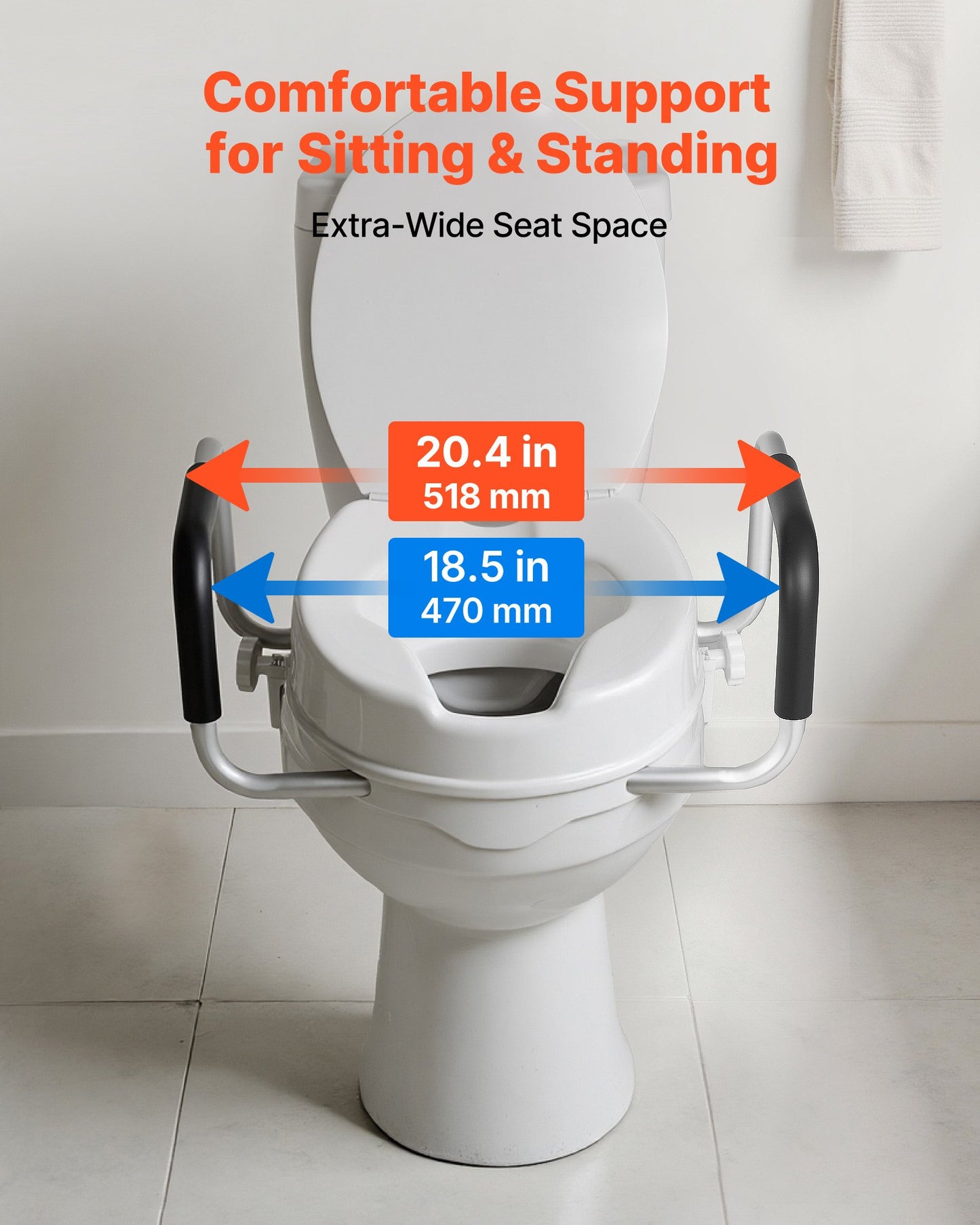 Raised Toilet Seat with Arms, 300 lbs Load Capacity, 4-Inch Lift Height, Widened Commode Elevated Toilet Seat Riser with Padded Handles for Seniors, Elderly, Handicap, Disabled, and Adults Use