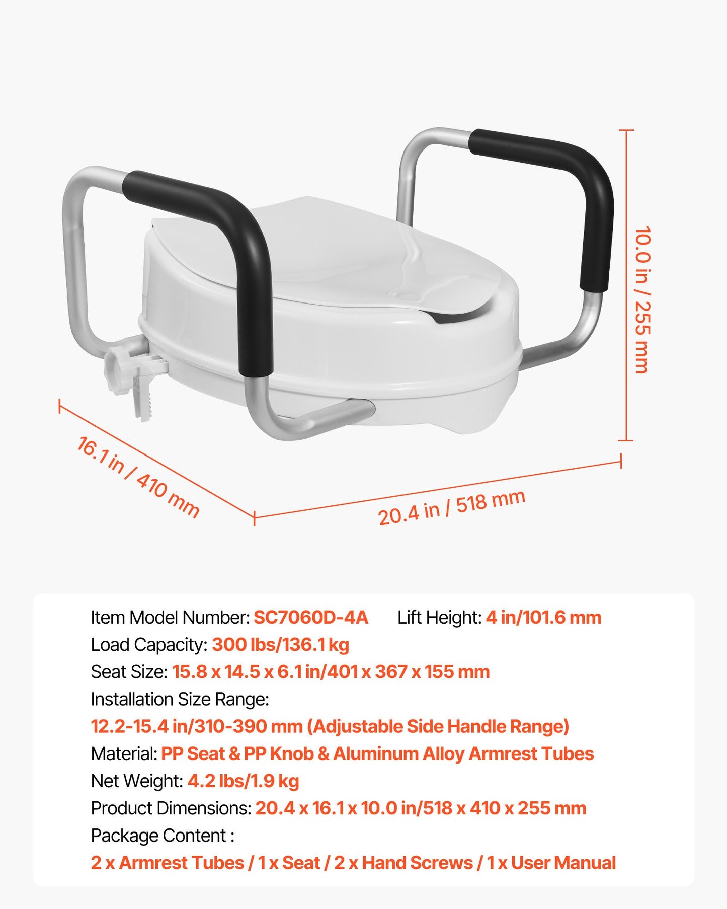 Raised Toilet Seat with Arms, 300 lbs Load Capacity, 4-Inch Lift Height, Widened Commode Elevated Toilet Seat Riser with Padded Handles for Seniors, Elderly, Handicap, Disabled, and Adults Use