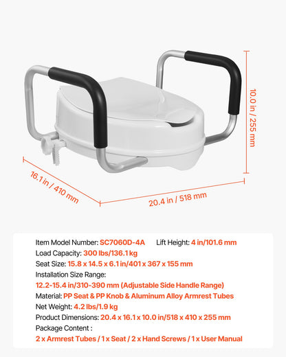 Raised Toilet Seat with Arms, 300 lbs Load Capacity, 4-Inch Lift Height, Widened Commode Elevated Toilet Seat Riser with Padded Handles for Seniors, Elderly, Handicap, Disabled, and Adults Use