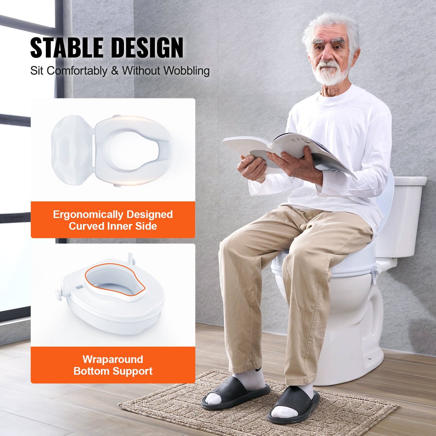 Raised Toilet Seat, 4" Height Raised, 300 lbs Weight Capacity, Universal Toilet Seat Riser, Screw Rod Locking, with Toilet Seat, for Elderly, Handicap, Patient, Pregnant, Medical