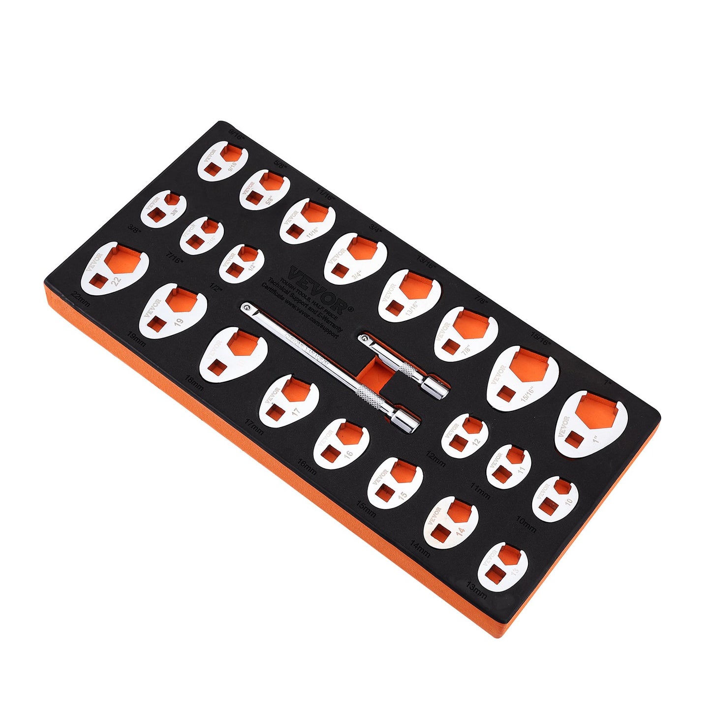 3/8-Zoll-Antriebs-Hahnenfußschlüsselsatz mit 2 Verlängerungen, 24-teiliger Hahnenfußschlüsselsatz, SAE 3/8"-1" und metrisch 10-22 mm, CR-MO-Stahl-Hahnenfußschlüsselsatz, mit EVA-Werkzeug-Organizer