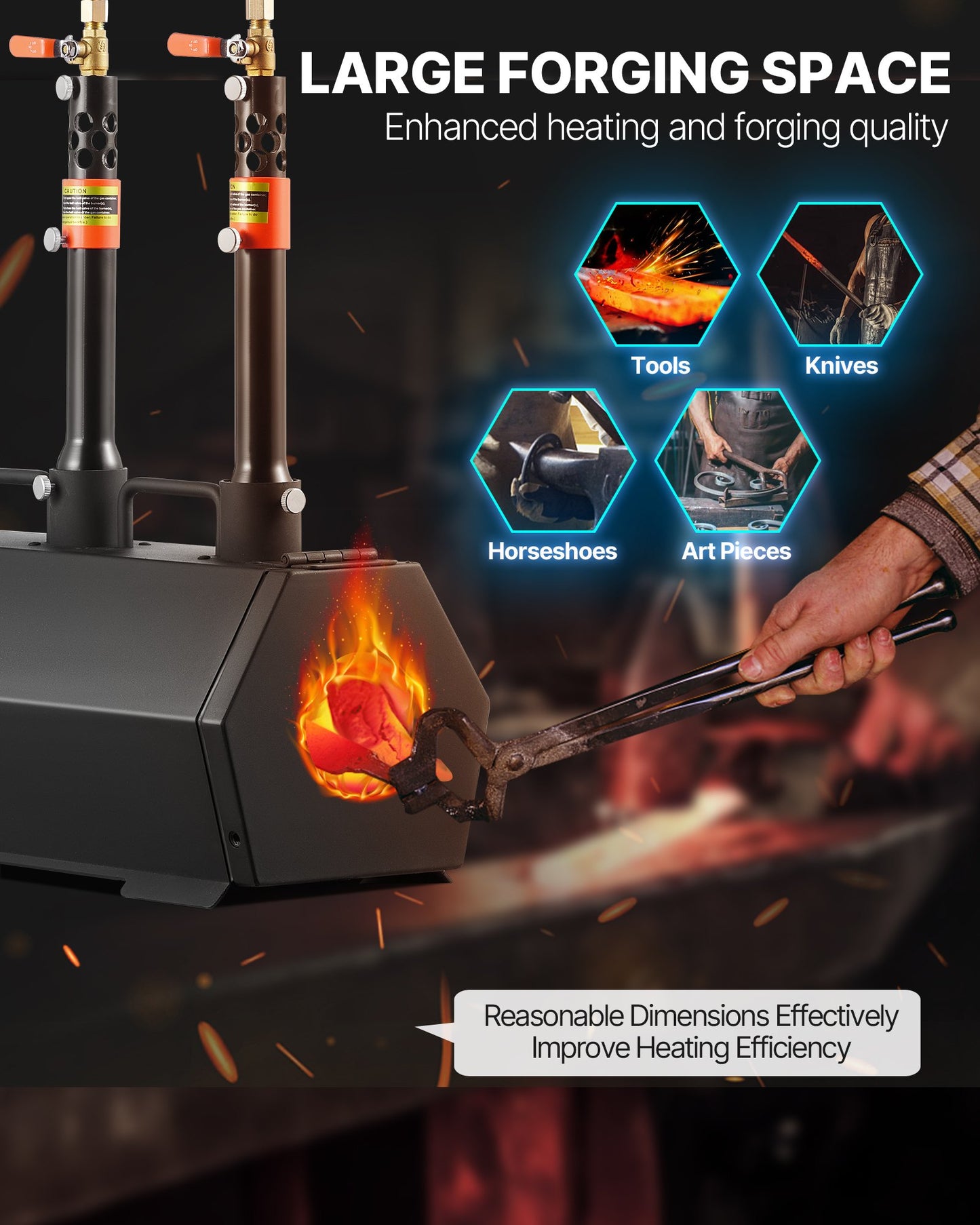 Portable Propane Forge, 3 Burners, 2600℉ Tool and Knife Making Blacksmithing Farrier Forge, Large Capacity Hexagon, Cold-Rolled Steel Gas Forging Tools and Equipment, Use for Metal Forging