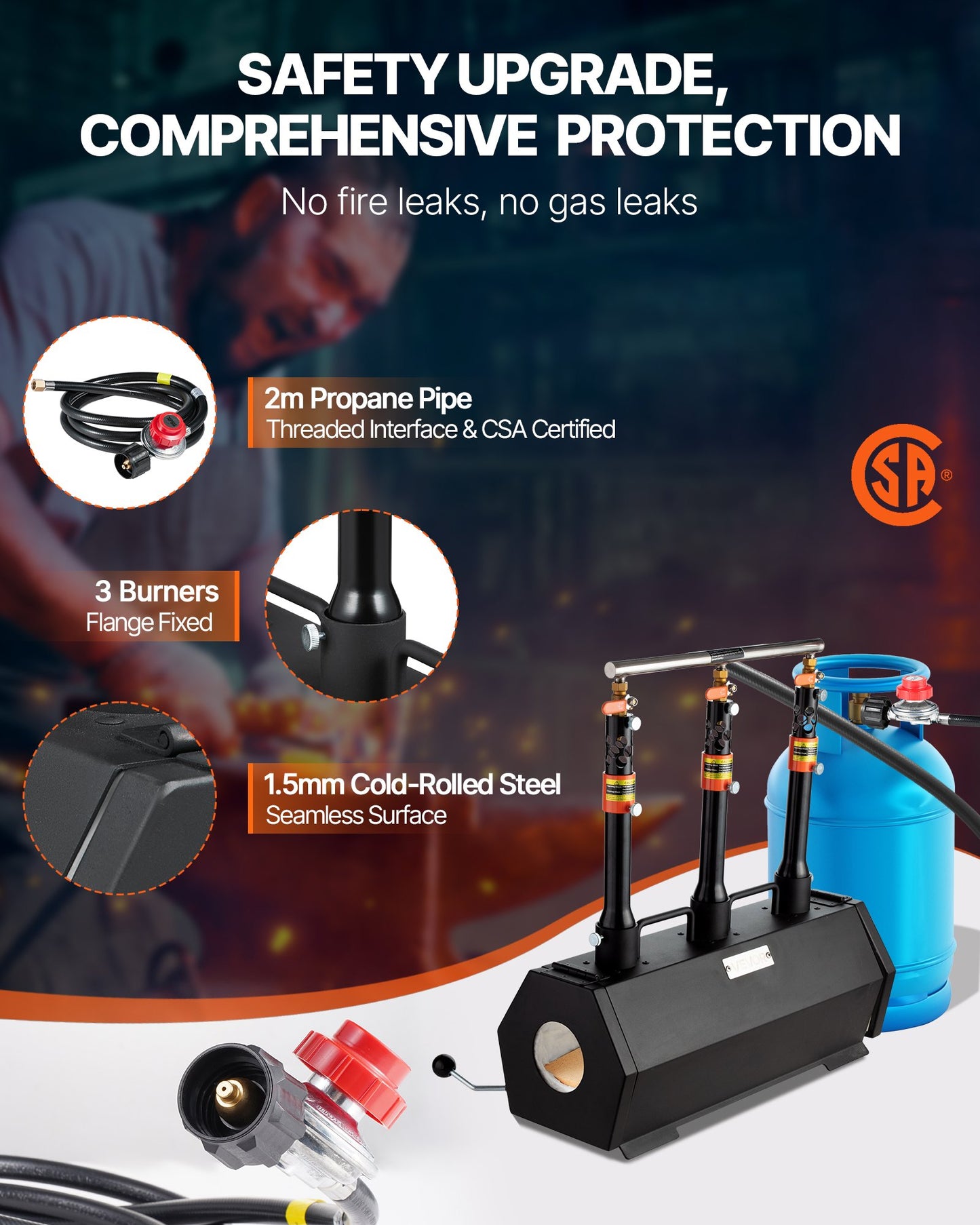 Portable Propane Forge, 3 Burners, 2600℉ Tool and Knife Making Blacksmithing Farrier Forge, Large Capacity Hexagon, Cold-Rolled Steel Gas Forging Tools and Equipment, Use for Metal Forging