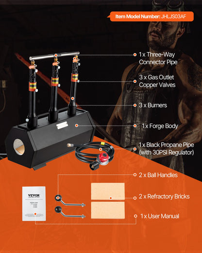 Portable Propane Forge, 3 Burners, 2600℉ Tool and Knife Making Blacksmithing Farrier Forge, Large Capacity Hexagon, Cold-Rolled Steel Gas Forging Tools and Equipment, Use for Metal Forging